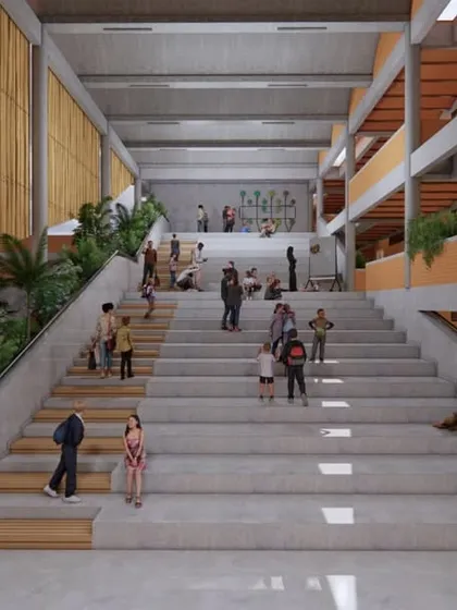 Another view of the grand staircase, showing how it functions as the social heart of the school.