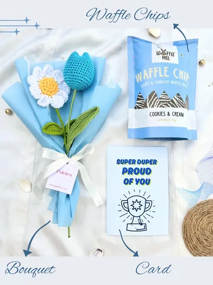 A super-duper way to say you're proud! This gift set features a blue and white crochet bouquet, a 'Super Duper Proud of You' card, and some crunchy waffle chips.