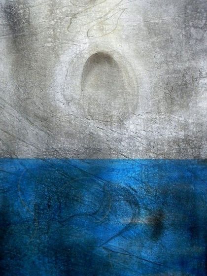 Pradeep Ahirwar's abstract works are directly inspired by the elemental movements in nature. The textures and the division between the earthy grey and deep blue evoke a sense of land, water, and sky.