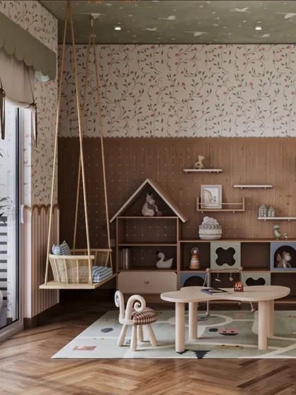 A gentle swing provides a perfect spot for reading or daydreaming. Positioned next to the custom wooden storage unit, this corner balances active play with moments of quiet reflection, all within a cohesive design language of natural wood and soft pastels.