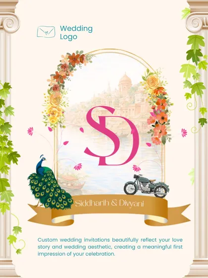 A custom wedding logo or monogram is a beautiful way to brand your celebration. For Siddharth and Divyani, we combined their initials with elements from their story: a peacock, a motorcycle, and a meaningful location.