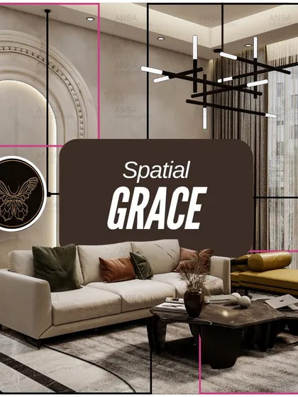 Spatial grace is about using design to create a sense of harmony and flow. This living room achieves that with its curved sofa, modern lighting, and a balanced mix of colors and textures.