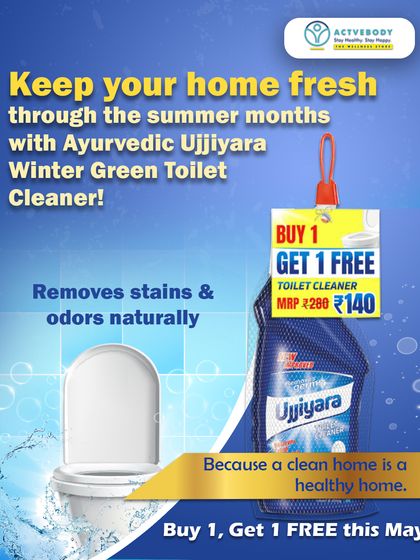 Keep your home fresh through the summer months with Ayurvedic Ujjiyara Winter Green Toilet Cleaner. This image highlights its ability to remove stains and odors naturally, with a BOGO offer.