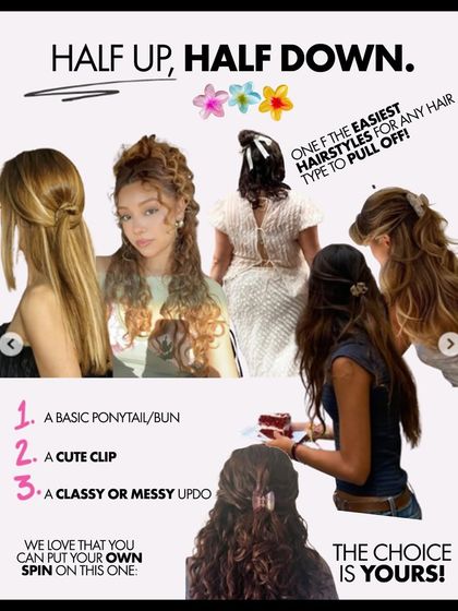 Summer hair inspiration. The half-up, half-down style is one of the easiest looks for any hair type. You can use a basic ponytail, a cute clip, or create a messy updo. The choice is yours.