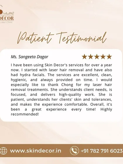 Trust is built over time. Ms. Sangeeta Dagar has been with my clinic for over a year for her laser hair removal journey. Her feedback highlights what I stand for: clean, hygienic, and effective treatments that respect your time and deliver real results.