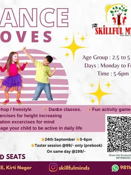 This poster provides details for our 'Dance Moves' taster session at Kidzee, Kirti Nagar, perfect for little ones who love to move and groove.