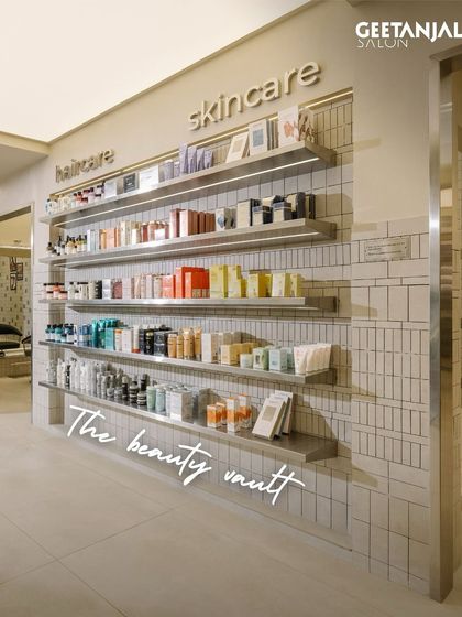 Our "beauty vault" at the Vasant Kunj salon, where shelves are stocked with premium haircare and skincare products for you to browse and purchase.