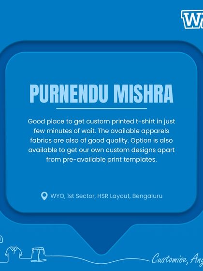 A customer testimonial praising the good quality fabric and the option to use pre-available templates or bring your own custom designs.