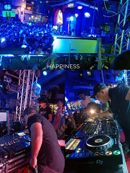 A view from my console during a packed Ganesh festival set for Dharavicha Sukhakarta. The top image shows the massive crowd I'm playing for, and the bottom shows me locked in on my Pioneer DJ setup, mixing the perfect track for the moment. This is happiness.
