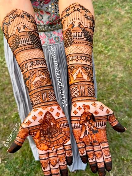 A clear, beautiful shot of a full bridal design with portraits of the couple on the palms and traditional peacock and tent motifs on the arms.