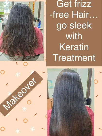 For this client, we used a Keratin treatment to achieve a frizz-free, sleek style. The transformation from wavy and frizzy to smooth and straight is clear to see.