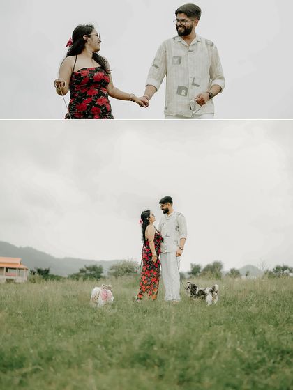 Two shots capturing the couple in a wide, green meadow with their dogs. It highlights the beautiful, open location and the relaxed nature of their pet-friendly shoot.