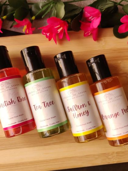 My Castile Facewash is a saponified blend of oils and butters, designed to give you a clean feeling without stripping your skin's natural oils. It's available in four variants: British Rose, Tea Tree, Saffron & Honey, and Orange Peel.