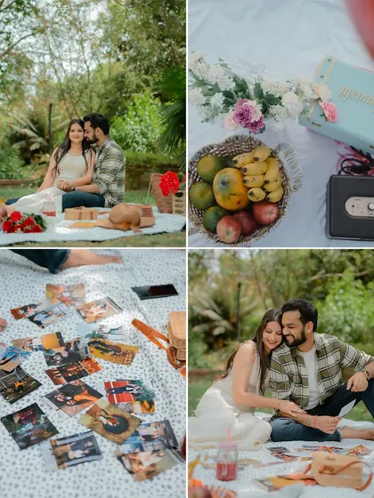 A collage showcasing the details of a picnic shoot, from the couple's interactions to the beautifully styled props like fruit baskets and vintage radios.
