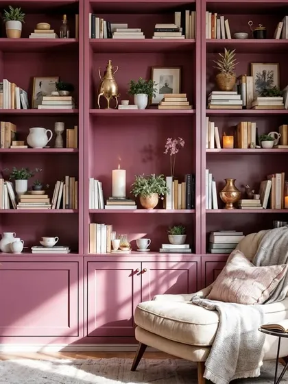 A classic floor-to-ceiling bookshelf in a rich purple hue, creating a cozy and inviting reading corner with a comfortable armchair.