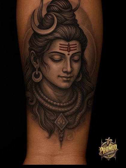 A close-up of a meditative Shiva portrait, showcasing the fine details in his expression and jewelry. This is a perfect example of the realism I can achieve in spiritual tattoos.