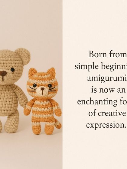 From simple beginnings, Amigurumi has become an enchanting form of creative expression. This image shows a classic teddy bear and a striped cat.