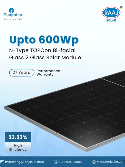 This is our N-Type TOPCon Bi-facial module, a testament to our commitment to innovation. It delivers an exceptional power output of up to 600 Wp with 23.23% efficiency, backed by a 27-year performance warranty for long-term energy security.