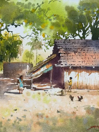 A sunny day in a village, captured in watercolor. I used bright, warm colors and focused on the figures of the children playing to add a sense of life and joy to this rural landscape painting.