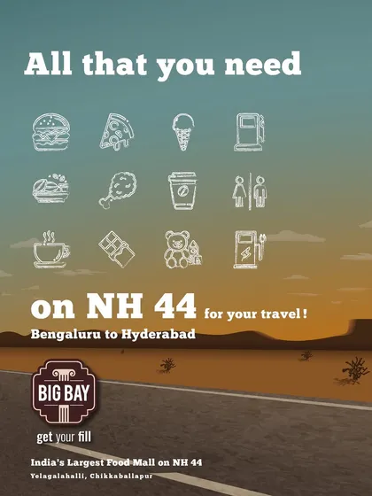 This graphic lists all the essentials you might need on your NH44 journey, from food and coffee to fuel and clean restrooms, all available at Big Bay.