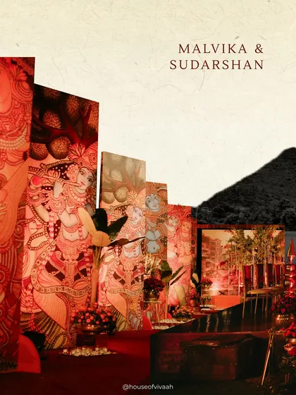 A creative graphic showcasing the hand-painted art panels used in the Dehradun wedding, blending traditional art with the natural mountain landscape to tell a unique visual story.