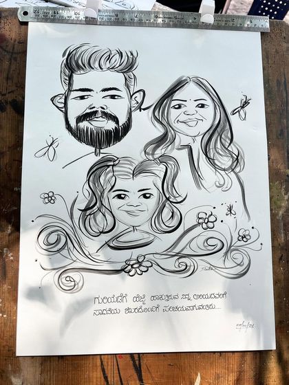 This family caricature includes a personal message written in Kannada, making it a deeply meaningful keepsake.