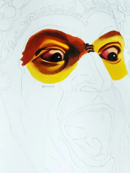 The beginning of the 'Kantara' painting. I always start with the eyes, as they are the most expressive part of a portrait. The rest of the face is still a pencil sketch.