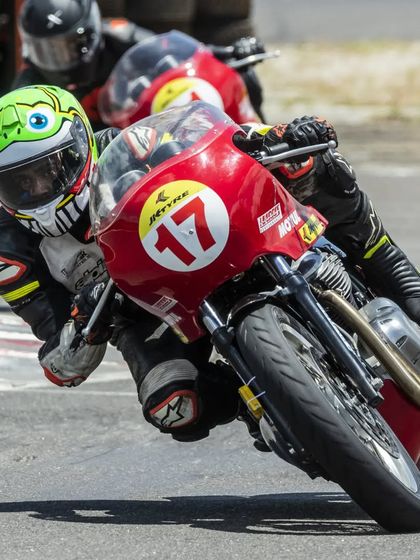 Mihir Vijay Sakpal, an Apex graduate, in action during the Royal Enfield Continental GT Cup. He is seen here navigating a turn, on his way to securing a top 8 finish.
