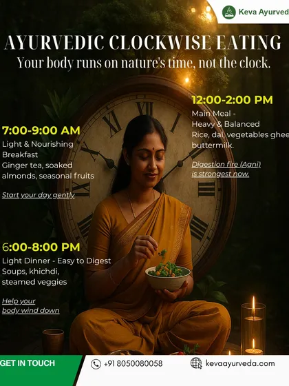 This visual explains Ayurvedic Clockwise Eating, a simple yet powerful principle for aligning your meals with your body's digestive fire (Agni). I guide my patients on how to eat with nature's rhythm to improve digestion and overall energy.