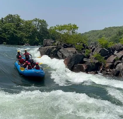 A raft glides down a natural slide in the river, one of the many fun features of the Dandeli white-water course.