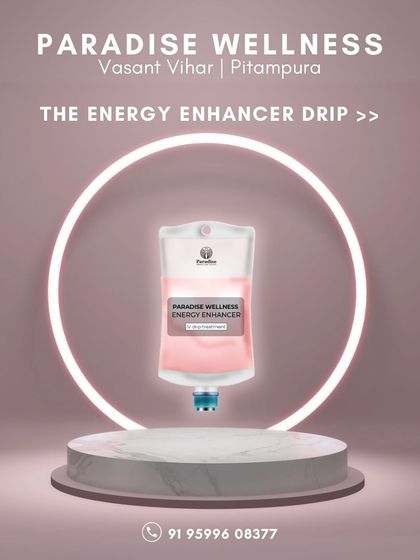 A graphic showcasing our Energy Enhancer IV Drip. This treatment is designed to provide an instant boost, helping you feel revitalized and recharged. It's one of many amazing drips we offer at Paradise Wellness.