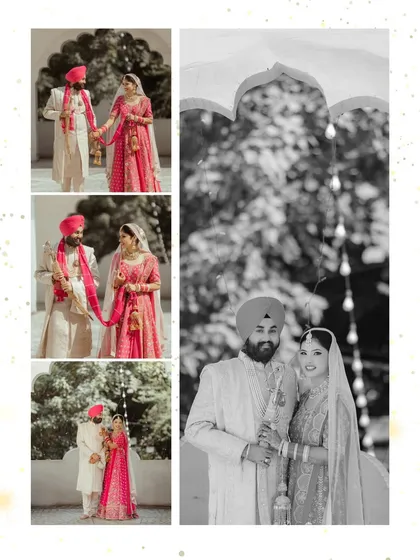 A collage mixing color and monochrome portraits of the couple, creating a timeless and artistic summary of their wedding day.