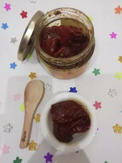 A jar of my Bharwa Lal Mirch and Aam ka Achaar. Two different flavours, but both made with the same love and traditional methods.