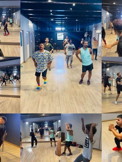 More action shots from a dance fitness workshop. The collage shows how the mirrored wall allows participants at the back to follow the instructor just as easily as those in the front.