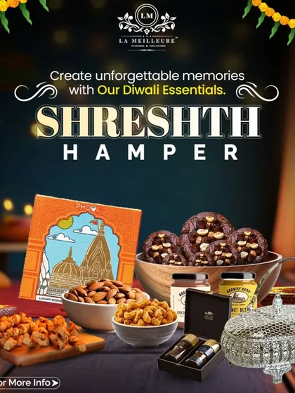 Introducing the 'Shreshth Hamper', one of our premium Diwali gifting options. This curated box is filled with our artisanal treats and other festive essentials, making it a truly memorable gift.
