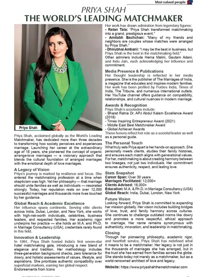 I am honored to be featured as 'The World's Leading Matchmaker'. This recognition is a testament to the thousands of successful marriages and the trust families have placed in me to guide them on their most important journey. My work is about creating lasting love stories.