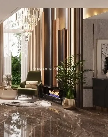 This image highlights the fireplace and feature wall from a different angle, showing its relationship to the polished marble floor and the expansive window. The design balances verticality with comfortable, human-scale furniture.