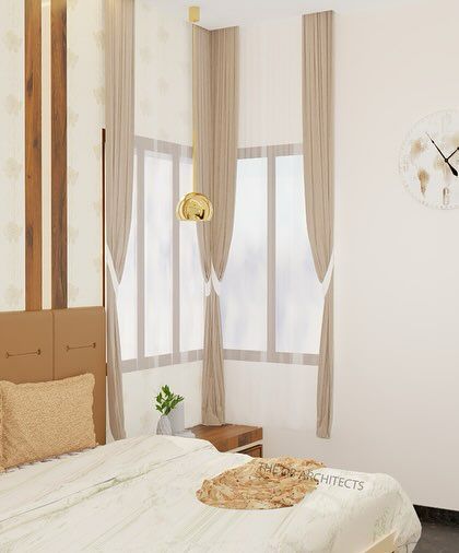 This concept for a parents' bedroom features a simple yet elegant headboard with vertical wood and wallpaper panels. The corner window allows for ample natural light, and the neutral color palette creates a calm and restful environment.