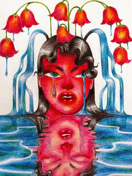 A colored pencil drawing from my sketchbook, exploring the idea of emotional ecosystems. This piece, with its fountain-like tears and reflective water, shows the introspective and often surreal starting point for many of my larger projects, all created by hand.