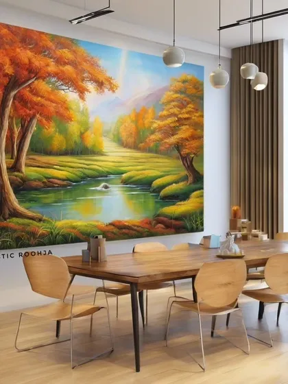 This mockup shows how a large, colorful landscape painting can serve as a stunning feature wall in a dining area or corporate lunchroom.