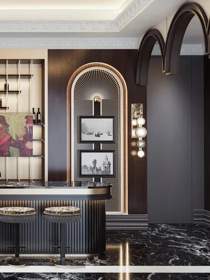 Another view of the bar, showcasing the custom artwork and the sculptural quality of the globe-like wall sconces.