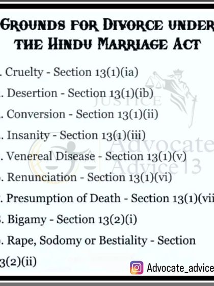This chart lists the legal grounds for divorce under the Hindu Marriage Act. It includes reasons such as cruelty, desertion, conversion to another religion, insanity, and bigamy, providing a quick reference for anyone seeking to understand the legal basis for ending a marriage.