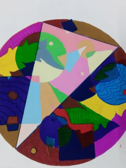 A complex 2D design by Ishan, a 9th standard student. He used poster colours and mixed media to create a dynamic composition of geometric and organic shapes within a circle.