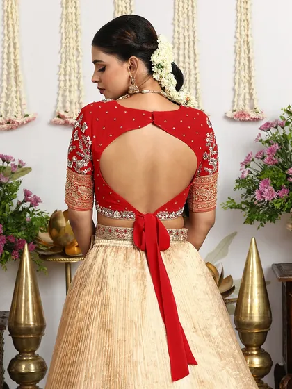 The back of this red bridal blouse features a keyhole design with a delicate tie-up, offering a modern touch to a traditional outfit.