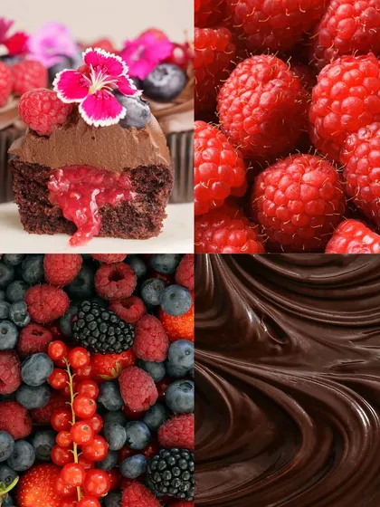 A collage showing the key components of my Dark Chocolate Berry Cupcakes: the finished cupcake, fresh raspberries, a mix of summer berries, and luscious dark chocolate.