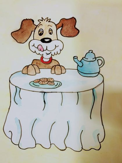 A hungry dog waiting for his cookies. This playful watercolour painting is another great example of the fun art we create in my online classes for kids.