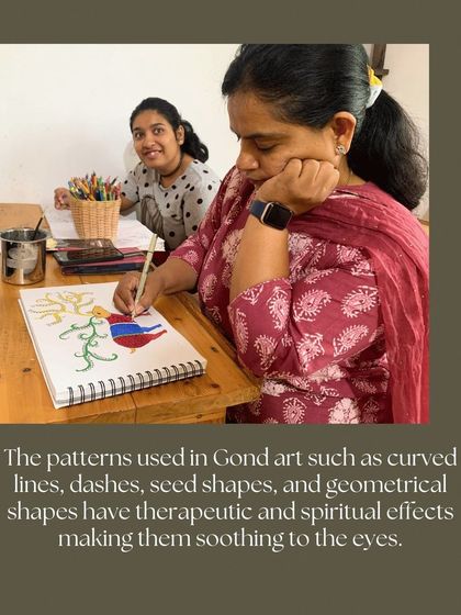 The therapeutic and spiritual effects of Gond art patterns are highlighted here. The curved lines, dashes, and geometric shapes are soothing to create and to behold.