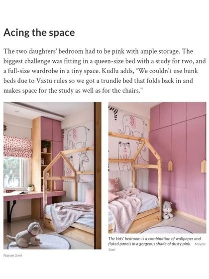 A screenshot of our feature in Architectural Digest, showing how we balanced a pink color scheme with smart storage solutions in a compact kids' room.