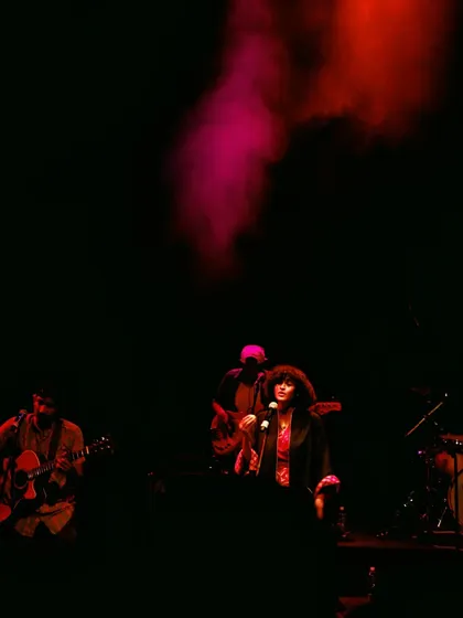A moody, atmospheric shot from our show at the NCPA. It highlights my ability to command a stage and create a captivating presence even in a large, dark theatre.