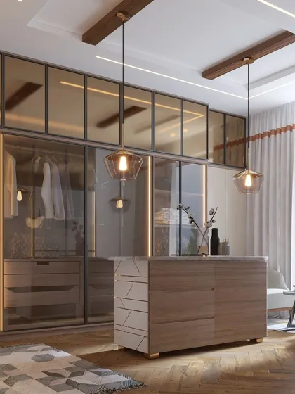 A 3D render of the Terra walk-in closet, bringing the initial sketch to life. This visualization helps refine the material palette, lighting, and spatial arrangement before construction begins, ensuring a perfect result.